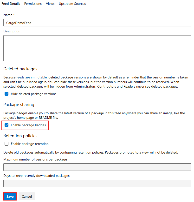 Capture d’écran montrant comment activer les badges de package dans Azure Artifacts.