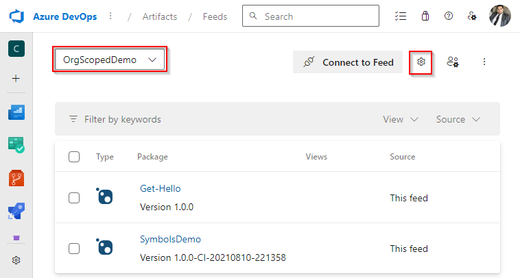 Capture d’écran montrant comment accéder aux paramètres de flux dans Azure Artifacts.