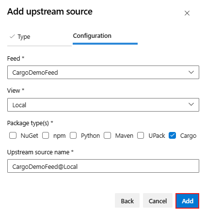 Capture d’écran montrant comment ajouter un nouveau flux interne en tant que source en amont dans Azure Artifacts.