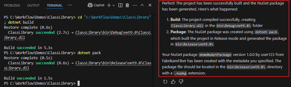 Capture d’écran montrant GitHub Copilot confirmant la création réussie du package NuGet.