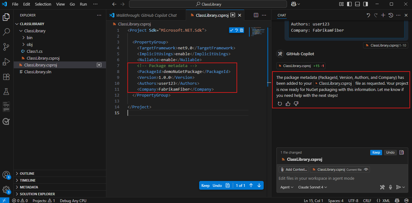 Capture d’écran montrant GitHub Copilot confirmant la réussite de l’ajout des métadonnées du package.