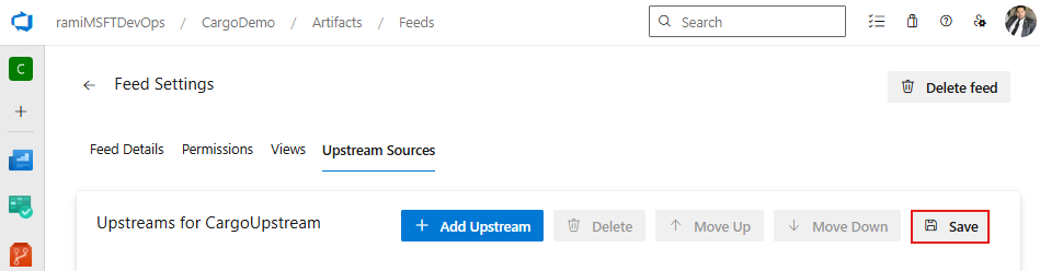 Capture d’écran montrant comment enregistrer des sources en amont dans Azure Artifacts.