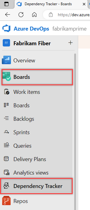 Screenshot montrant le hub Dependency Tracker dans Azure Boards.