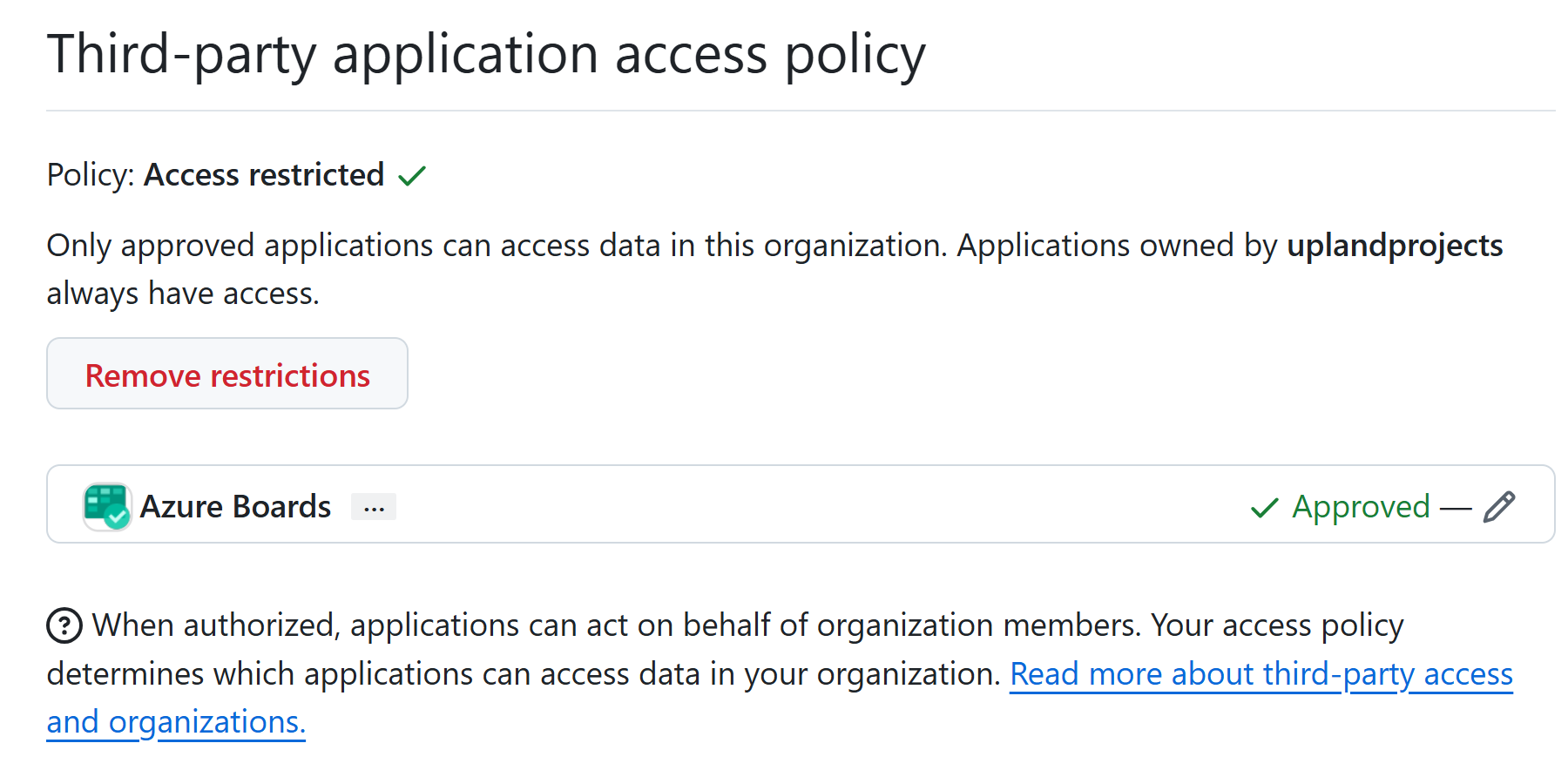 Capture d’écran montrant la stratégie d’accès aux applications tierces.