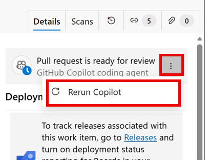 La capture d’écran montre l’icône Plus d’actions sélectionnée, puis l’option Relancer Copilot dans la zone Développement.