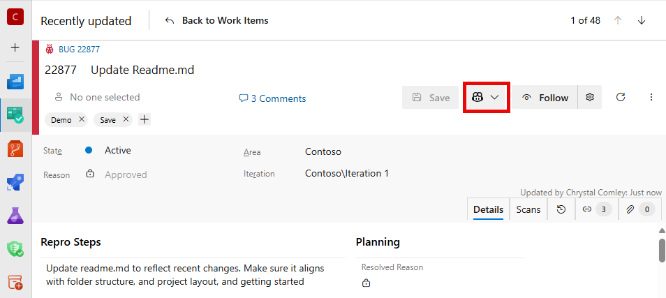 Screenshot montrant l’icône GitHub Copilot mise en surbrillance dans l’élément de travail.