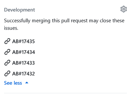 Capture d’écran des liens AB# dans la section Développement d'une requête de tirage sur GitHub.