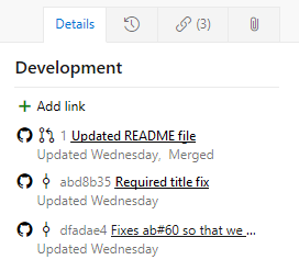 Capture d'écran du formulaire de l’élément de travail, la section Développement affiche des liens GitHub.