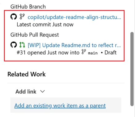 Capture d'écran de la section Développement montrant une pull request GitHub liée avec les indicateurs de détail du statut fermé, examiné et vérifié.