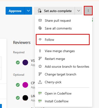 Capture d’écran montrant le menu contextuel de la Pull Request avec l’option de suivre.