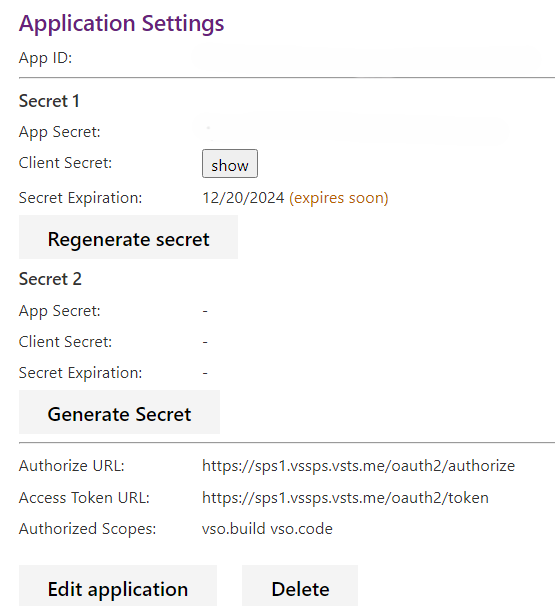 Capture d’écran montrant les paramètres de l’application pour votre application existante.