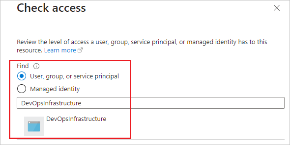 Capture d’écran montrant comment sélectionner le principal AzureDevOpsInfrastructure.