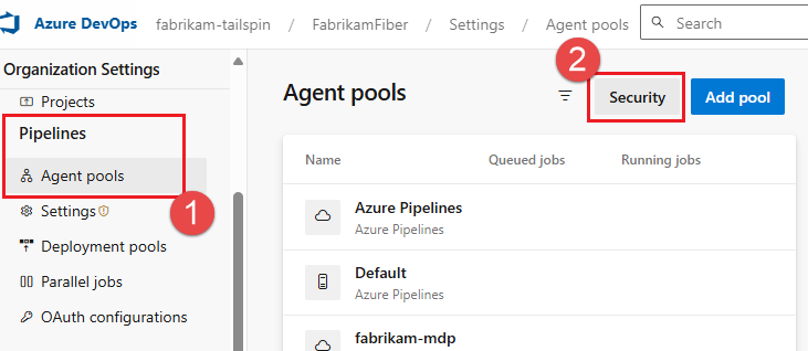 Capture d’écran de la liste des pools d’agents au niveau du projet.
