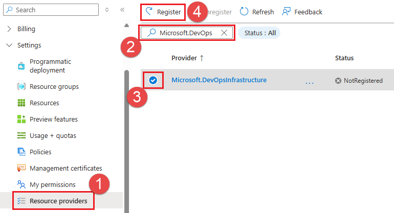 Capture d'écran de l'inscription du fournisseur de ressources Azure pour les pools DevOps managés.