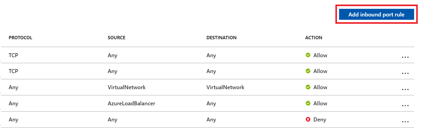Screenshot du bouton Ajouter une règle de port de trafic entrant dans votre page d’interface réseau de machine virtuelle SQL Azure.