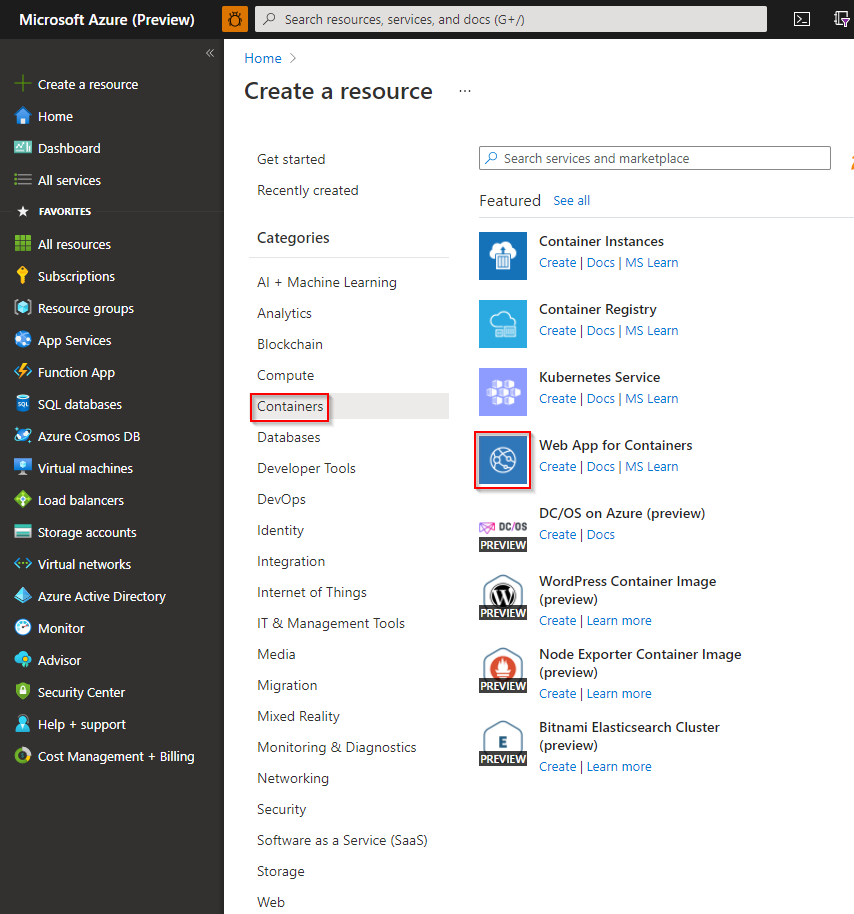 Capture d’écran de la création d’une application web pour la ressource conteneurs.