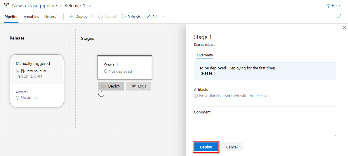 Capture d’écran de la file d’attente et déploiement de l’image Docker.