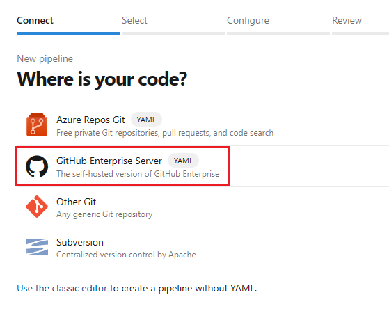 Capture d’écran de la sélection GitHub comme emplacement de votre code.