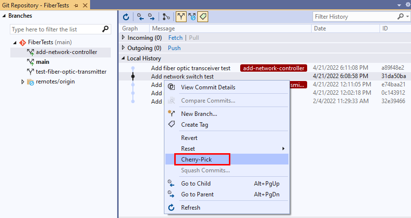 Capture d'écran de l'option Cherry-Pick figurant dans le menu contextuel de la validation du commit, dans la fenêtre Référentiel Git de Visual Studio.