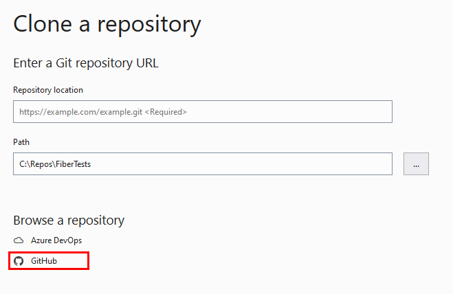 Capture d’écran de l’option GitHub de la fenêtre «&nbsp;Cloner le référentiel&nbsp;» dans Visual Studio.