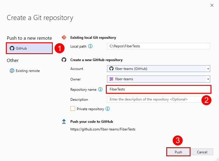 Capture d’écran de la fenêtre «&nbsp;Créer un référentiel Git&nbsp;», avec l’URL d’un référentiel GitHub vide, dans Visual Studio&nbsp;2019.