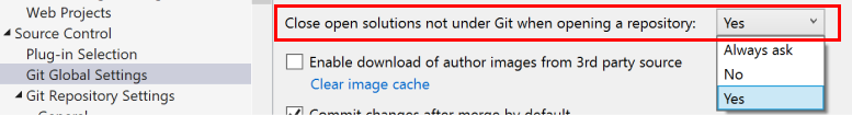 Capture d’écran montrant la fermeture des solutions ouvertes non sous Git lors de l’ouverture d’un paramètre de référentiel dans la boîte de dialogue Options de Visual Studio.