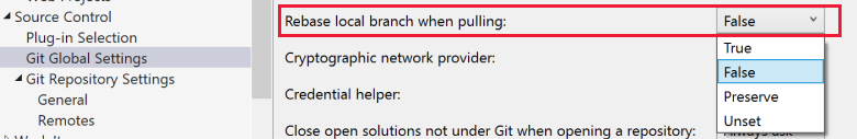 Capture d’écran du paramètre de base dans Les paramètres globaux Git dans la boîte de dialogue Options de Visual Studio.
