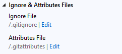 Capture d’écran montrant les boutons de modification pour les fichiers à ignorer ou d'attribut dans Team Explorer dans Visual Studio 2019.