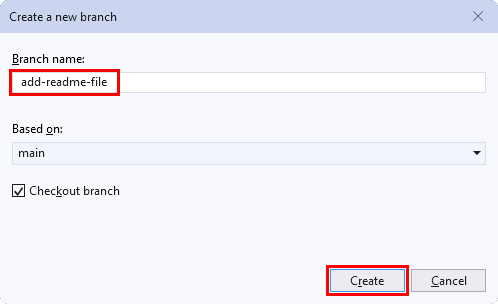 Capture d’écran de la fenêtre «&nbsp;Créer une nouvelle branche&nbsp;» dans Visual Studio.