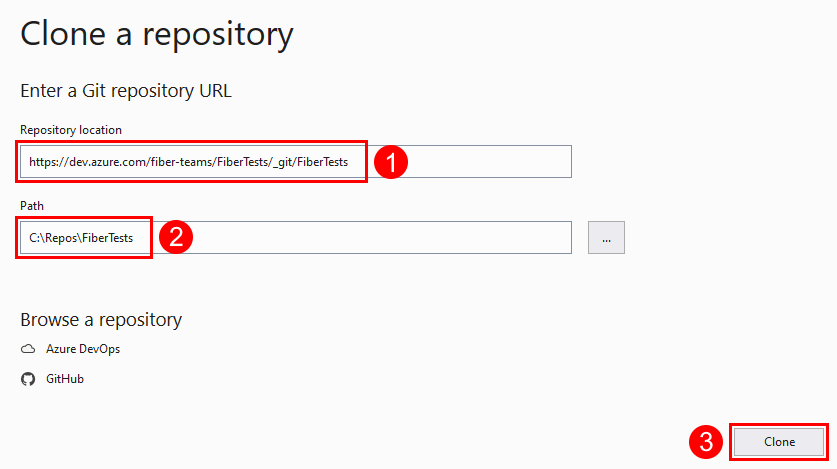 Capture d’écran de la fenêtre «&nbsp;Cloner le référentiel&nbsp;» dans Visual Studio.