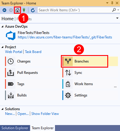 Capture d’écran montrant l’option Branches dans Team Explorer dans Visual Studio&nbsp;2019.