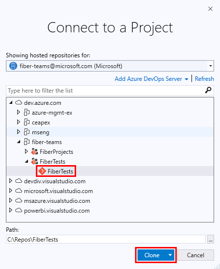 Capture d’écran de la fenêtre «&nbsp;Se connecter à un projet&nbsp;» dans Visual Studio&nbsp;2019.