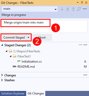 Capture d’écran du message de validation et du bouton Validation intermédiaire dans la fenêtre Modifications Git de Visual Studio.