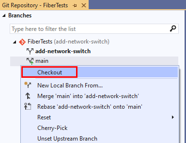 Capture d’écran de l’option Extraction dans la fenêtre Dépôt Git de Visual Studio 2019.