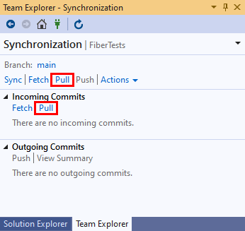 Capture d’écran des options d’extraction dans la vue Synchronisation de Team Explorer dans Visual Studio 2019.