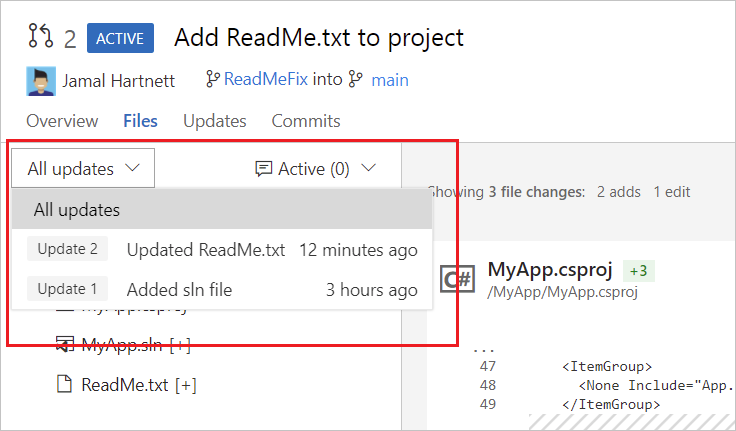 Capture d’écran montrant les mises à jour de PR dans l’onglet Fichiers d’un pull request Azure Repos.