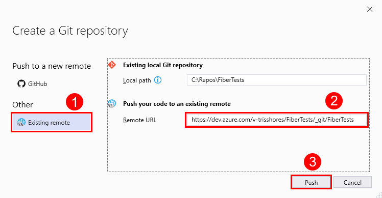 Capture d’écran de la fenêtre «&nbsp;Créer un référentiel Git&nbsp;», avec l’URL d’un référentiel Azure vide, dans Visual Studio&nbsp;2019.