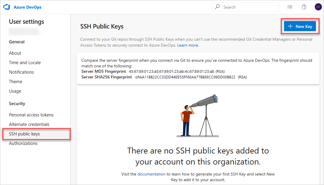Screenshot affichant l’accès à la configuration de sécurité dans Azure DevOps.