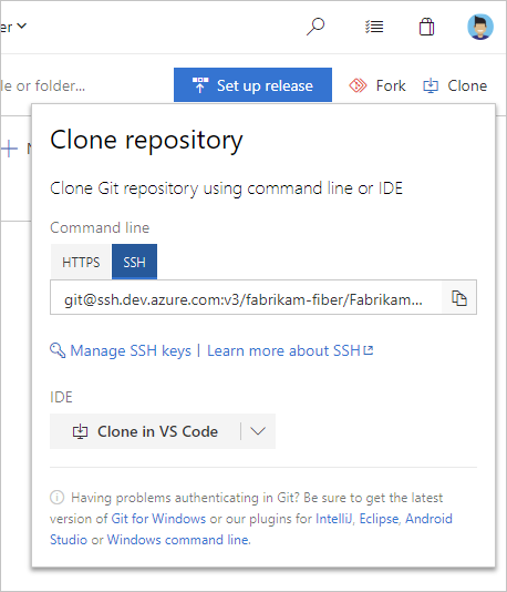Capture d'écran présentant l'URL clonée SSH de Azure Repos.