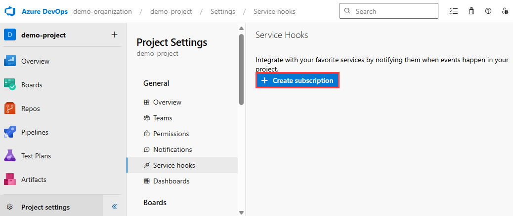 Capture d’écran de la page Service Hooks d’un projet Azure DevOps. Le bouton Créer un abonnement est mis en surbrillance.