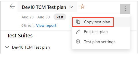 Capture d’écran du menu Plus d’actions du Plan de test, avec l’option copier le plan de test.