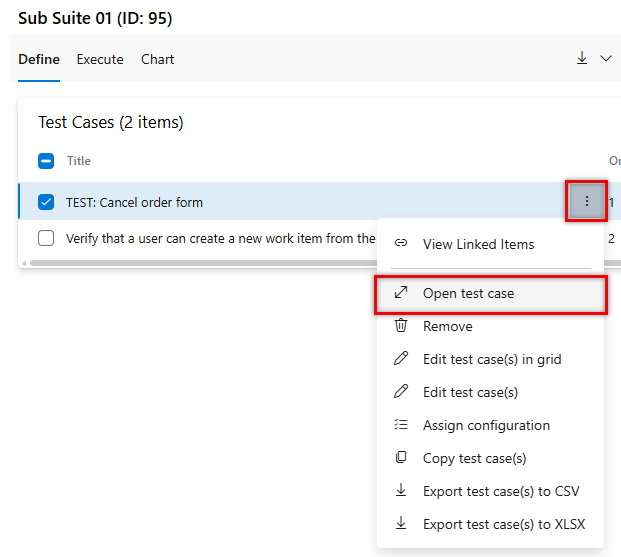 Capture d’écran montrant un cas de test avec son menu contextuel avec l’option Ouvrir le cas de test sélectionné.
