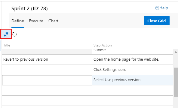 Screenshot montrant l’option enregistrer pour les étapes copiées à partir de Excel dans la vue Grid.