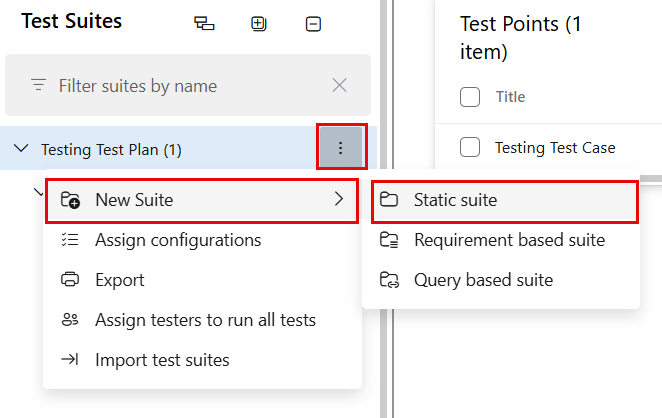 Capture d’écran montrant la création d’une suite de tests statique à partir du menu Autres options.
