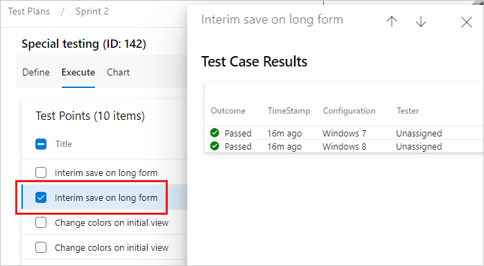 Capture d’écran des résultats des tests pour un point de test.