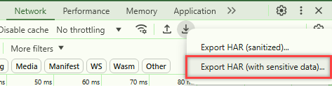 Capture d’écran montrant la sélection mise en surbrillance, Exporter HAR avec des données sensibles, dans Google Chrome.