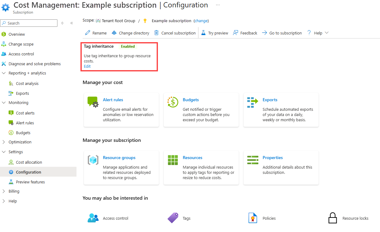 Capture d’écran montrant que l’héritage des balises est activé pour Cost Management dans le portail Azure.