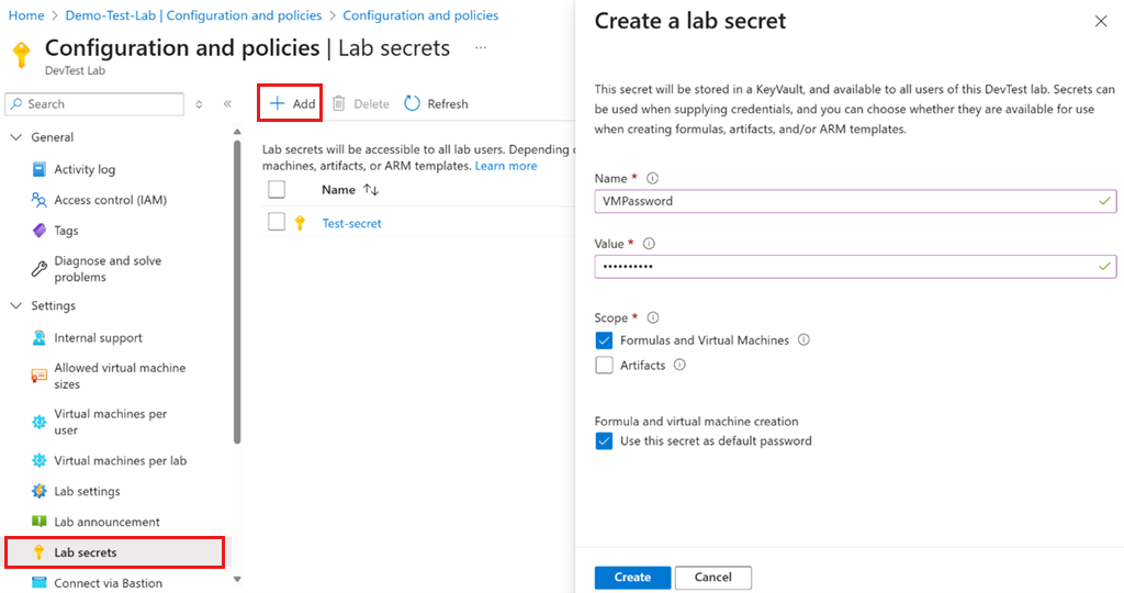 Capture d’écran des secrets du laboratoire dans Azure DevTest Labs.
