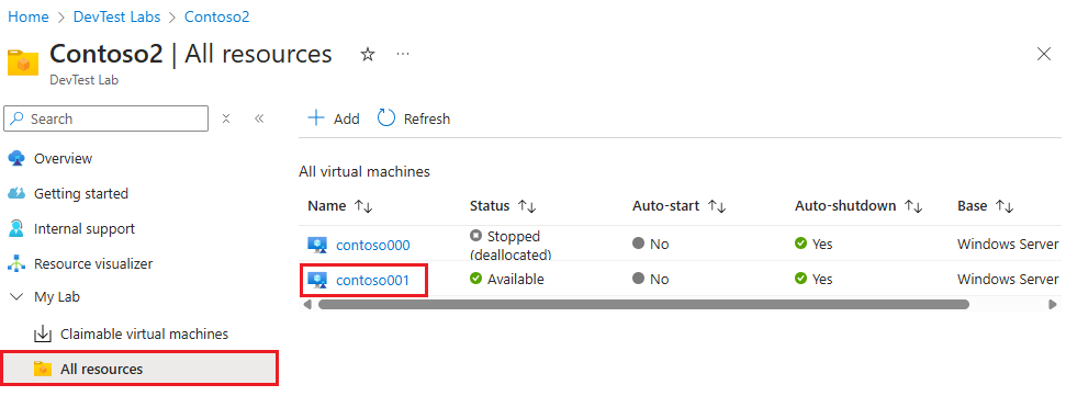 Capture d’écran montrant une machine virtuelle sélectionnée dans la page Vue d’ensemble d’un labo.