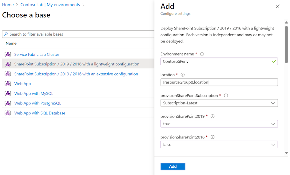 Capture d’écran qui montre le volet Ajouter avec les paramètres à configurer pour un environnement SharePoint.